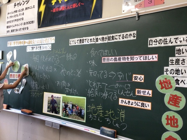 写真:小学校4年生または5年生年生 「給食に豊田市産の食べ物を使うのはなぜだろう」