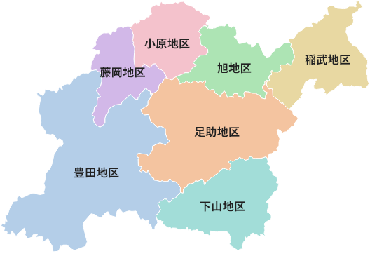 豊田市の地区区分図。市内を7つの地区（豊田地区、藤岡地区、小原地区、旭地区、稲武地区、足助地区、下山地区）に色分けして示した地図