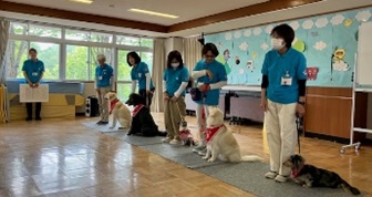 犬のふれあい教室に参加する犬とボランティアスタッフ