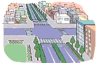 画像：市街地の大きな交差点を斜め上から見たイラスト