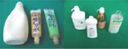 写真：ボトル類、歯磨き粉のチューブ、マヨネーズ、調味料の入っていた袋などの容器