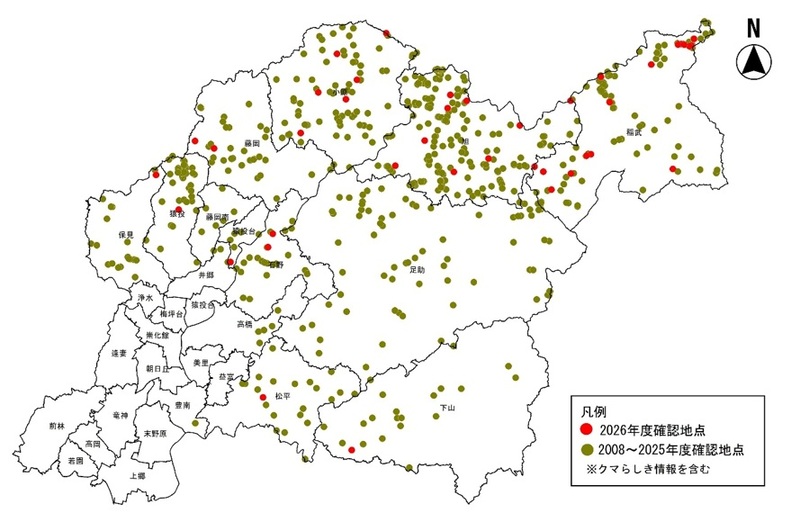 豊田市の地図イラスト　クマの目撃情報