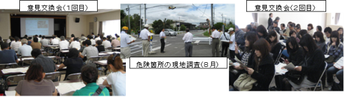 写真：意見交換会（1回目）の写真（左）、危険箇所の現地調査（8月）の写真（中央）、意見交換会（2回目）の写真（右）