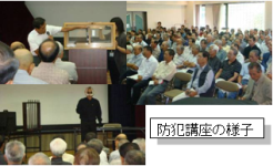 画像：防犯講座の様子　講師の写真（上左）（下）　講義を聴く人々の写真（上右）