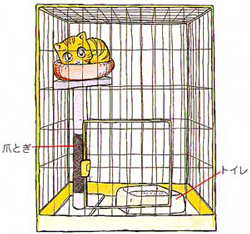 爪とぎ器やトイレが入った猫のケージのイメージラスト