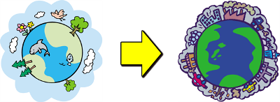 画像：大気がきれいな地球から大気が汚れた地球へと変化するイラスト