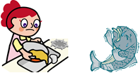 画像：食べ残しを流しに流すイラスト（左）、魚が苦しむイラスト（右）