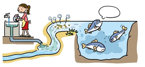 画像:食べ残しを流しに流す、魚が苦しむイラスト