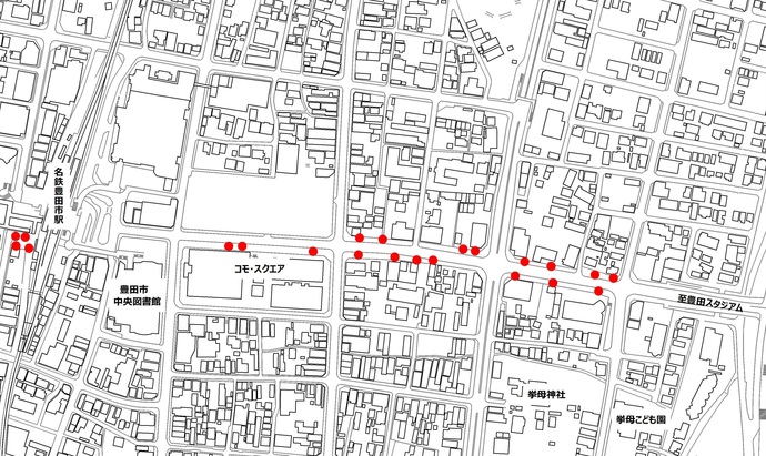 イラスト地図　名鉄豊田市駅から豊田スタジアム間の駅前通りの歩道（スタジアムアベニュー）に計19か所設置