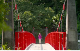 写真　香嵐渓の赤いつり橋