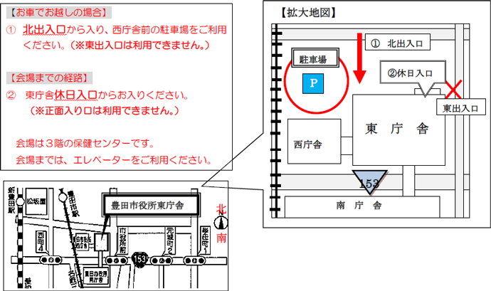 イラスト　【お車でお越しの場合】（1）北出入口から入り、西庁舎前の駐車場をご利用ください。（備考：東出入口は利用できません。）【会場までの経路】（2）東庁舎休日入口からお入りください。（備考：正面入り口は利用できません。）会場は3階の保健センターです。会場までは、エレベーターをご利用ください。休日（土曜日）開催の場合の出入り口について　