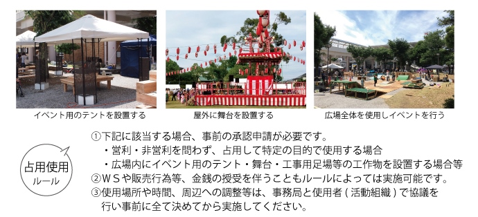 占用使用ルール　（1）下記に該当する場合、事前の承認申請が必要です。・営利・非営利を問わず、占用して特定の目的で使用する場合・広場内に仮設テント・舞台・工事用足場等の工作物を設置する場合など（2）WSや販売行為等、金銭の授受を伴うこともルールによっては実施可能です。（3）使用場所や時間、周辺への調整等は、事務局と使用者（ 活動組織） で協議を行い事前に全て決めてから実施してください。