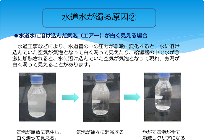 水道水が濁る原因（2）　水道水に溶け込んだ気泡（エアー）が白く見える場合　水道工事などにより、水道管の中の圧力が急激に変化すると、水に溶け込んでいた空気が気泡となって白く濁って見えたり、給湯器の中で水が急激に加熱されると、水に溶け込んでいた空気が気泡となって現れ、お湯が白く濁って見えることがあります。