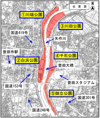 矢作川河川敷周辺の公園　地図