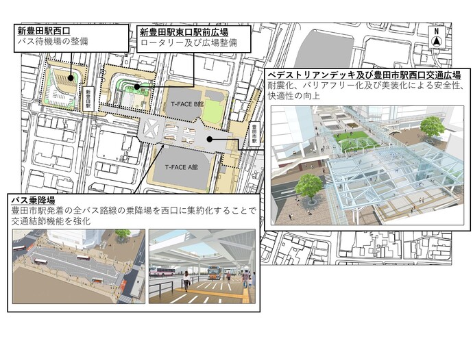 豊田市駅西口の地図　ペデストリアンデッキの耐震補強・バリアフリー化・美装化　バス乗降場の集約