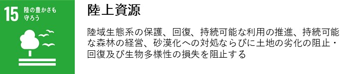 陸上資源　陸域生態系の保護、回復、持続可能な利用の推進、持続可能な森林の経営、砂漠化への対処ならびに土地の劣化の阻止・回復及び生物多様性の損失を阻止する