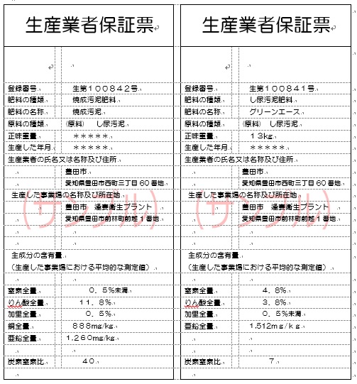 生産業者保証票　見本