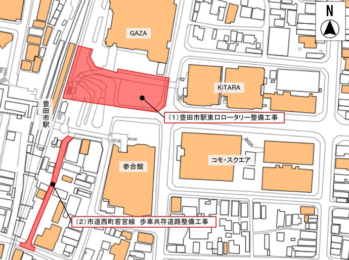 豊田市駅東口地図 現在の工事状況