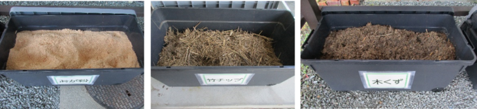 提供する基材（左からおが粉、竹チップ、木くず）