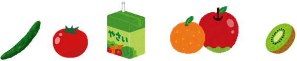 イラスト きゅうり、トマト、野菜ジュース、ミカンと林檎、キウイ