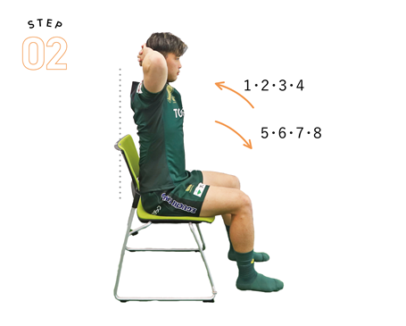 画像:step02 背起こし(1・2・3・4で起き上がり、5・6・7・8で基本姿勢に戻る)